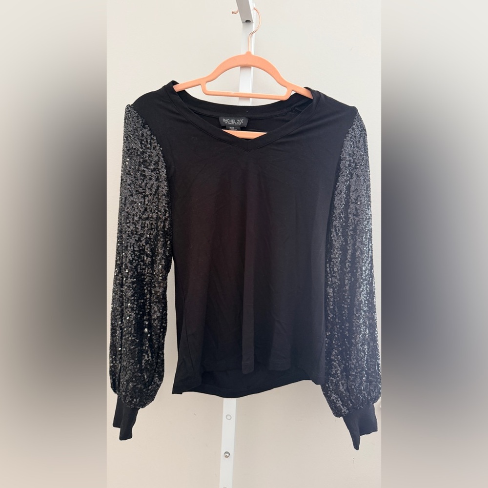 Rachel Zoe Black Presley Sequin Sleeve V-Neck Sweater size XS